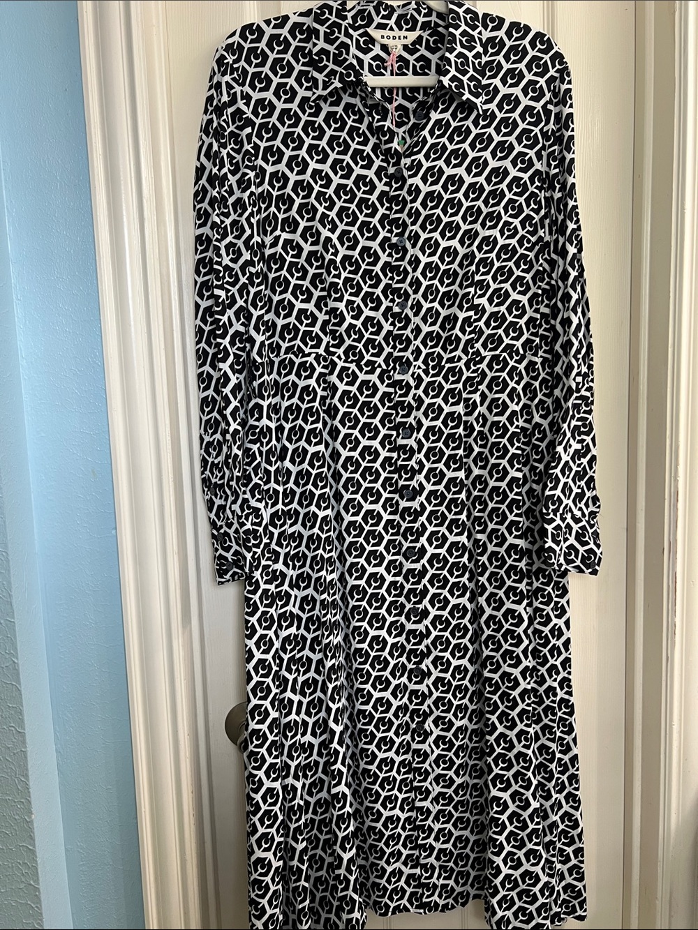 Boden Black & White Geometric Long Sleeve Shirt Dress